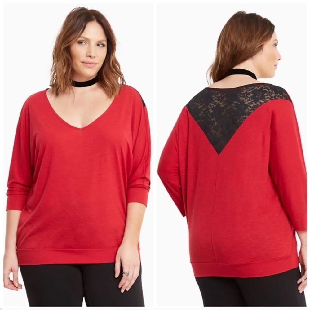 Torrid Red and black lace with bottom band top blouse shirt size 0 12 l large